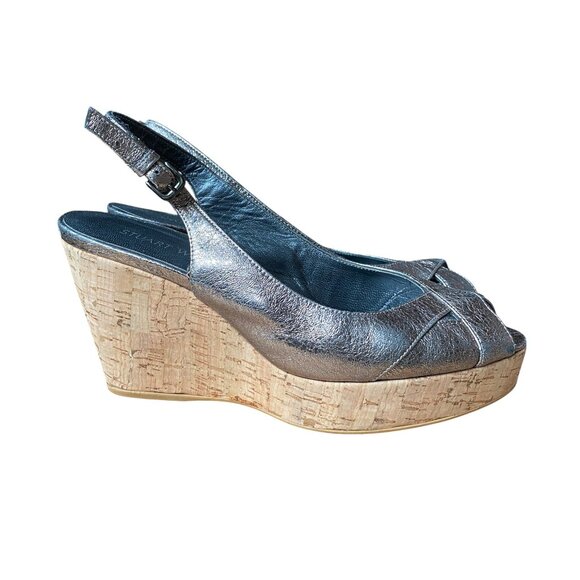 Stuart Weitzman - Silver Gray Metallic Slingback Cork Wedges Peep Toe - Size 8 - Picture 2 of 8